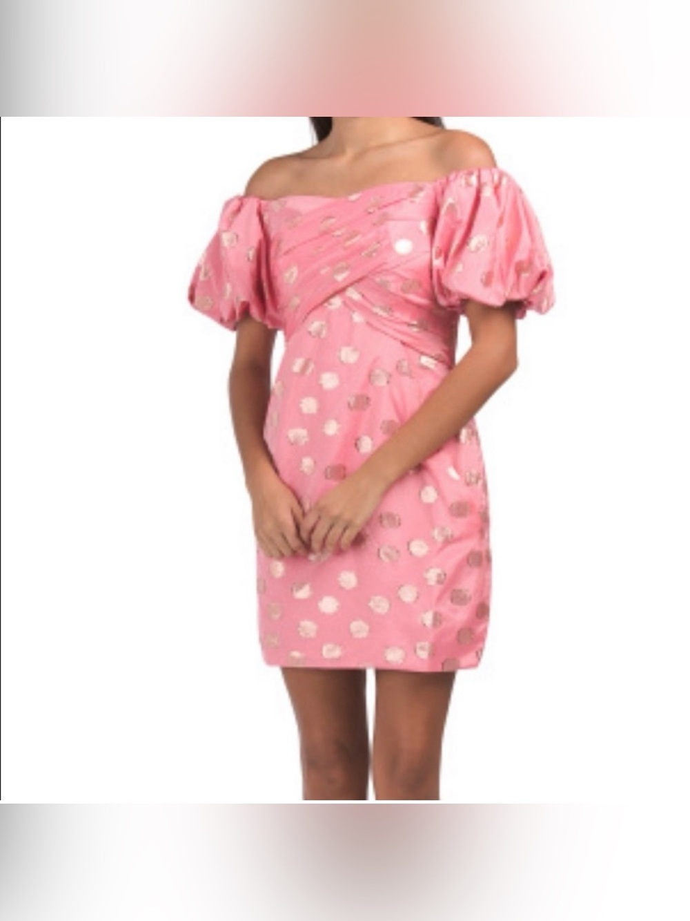 ML Monique Lhuillier Pink Gold Metallic Polka Dot Puff Sleeve Dress Sz 12